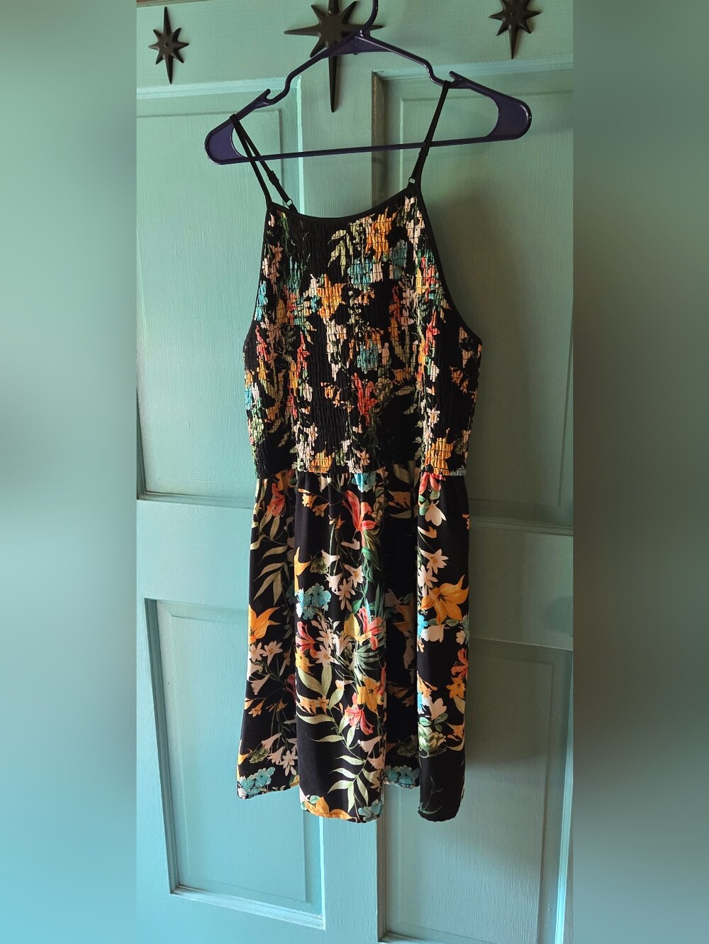 Xhilaration Black Floral Mini Dress with Yellow & Teal Accents
